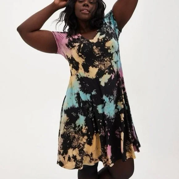 Torrid Mini Super Soft Knits Trapeze V-Neck Dress Tie dye black Plus Size 5X - Picture 1 of 15